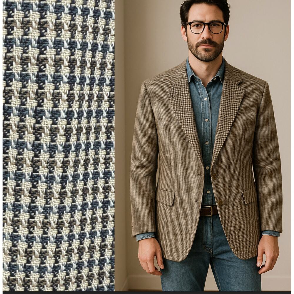 Huckberry Vintage 43R Luxury Wool Houndstooth Blazer $340 2 Button Jacket Brown